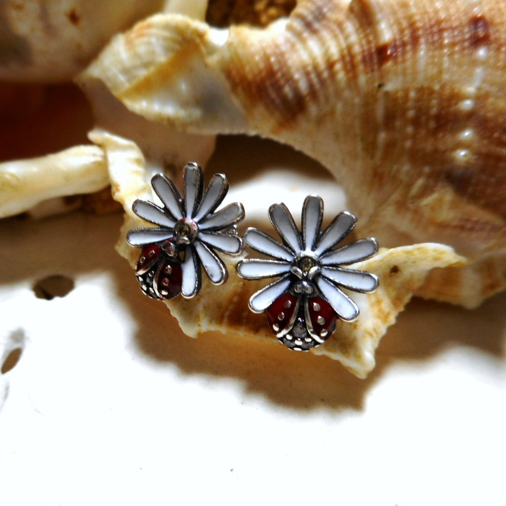 Sterling Silver Daisy and Ladybug Enamel Earrings